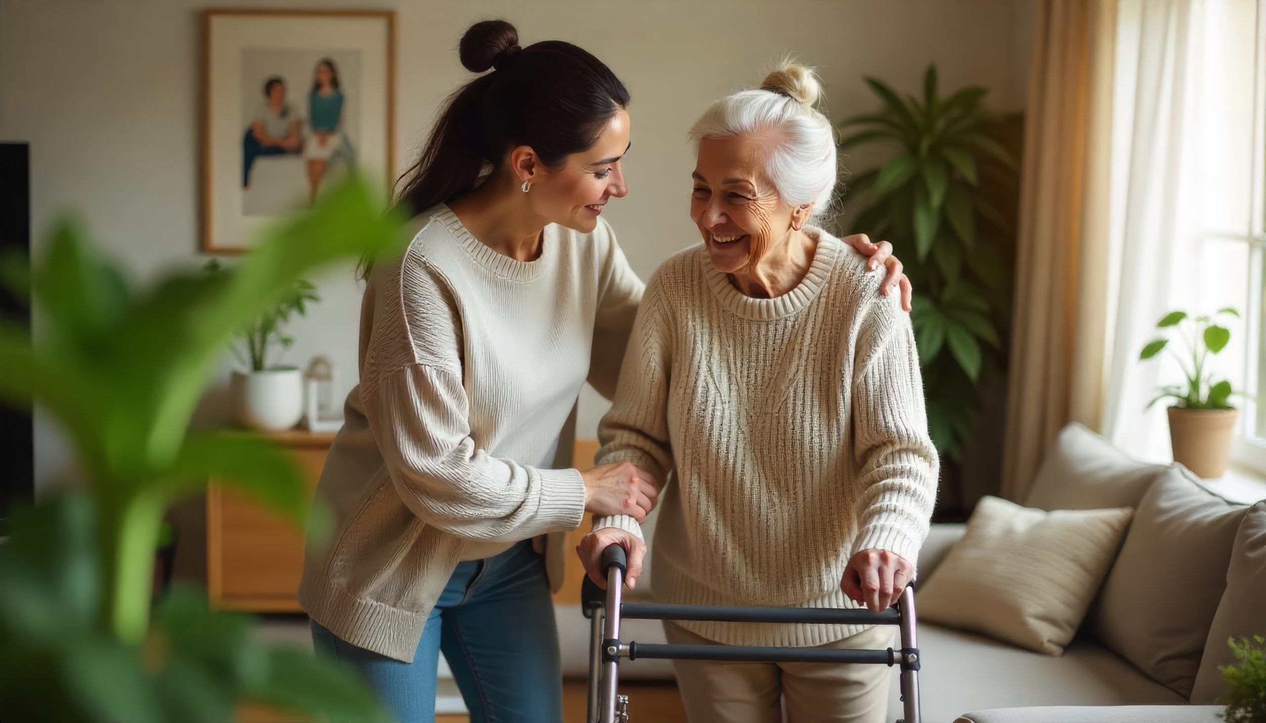 Caregiver supporting an older woman with a walker at home after hospital discharge