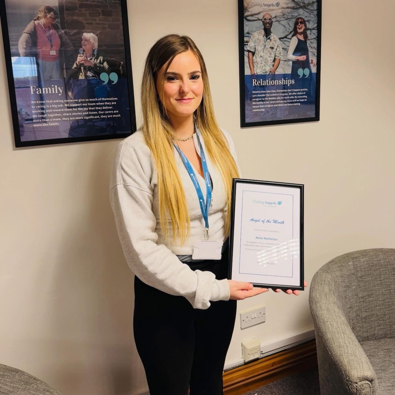 Visiting Angels Lincolnshire caregiver receiving Angel of the Month award after helping save a client's life through quick thinking and compassionate care.
