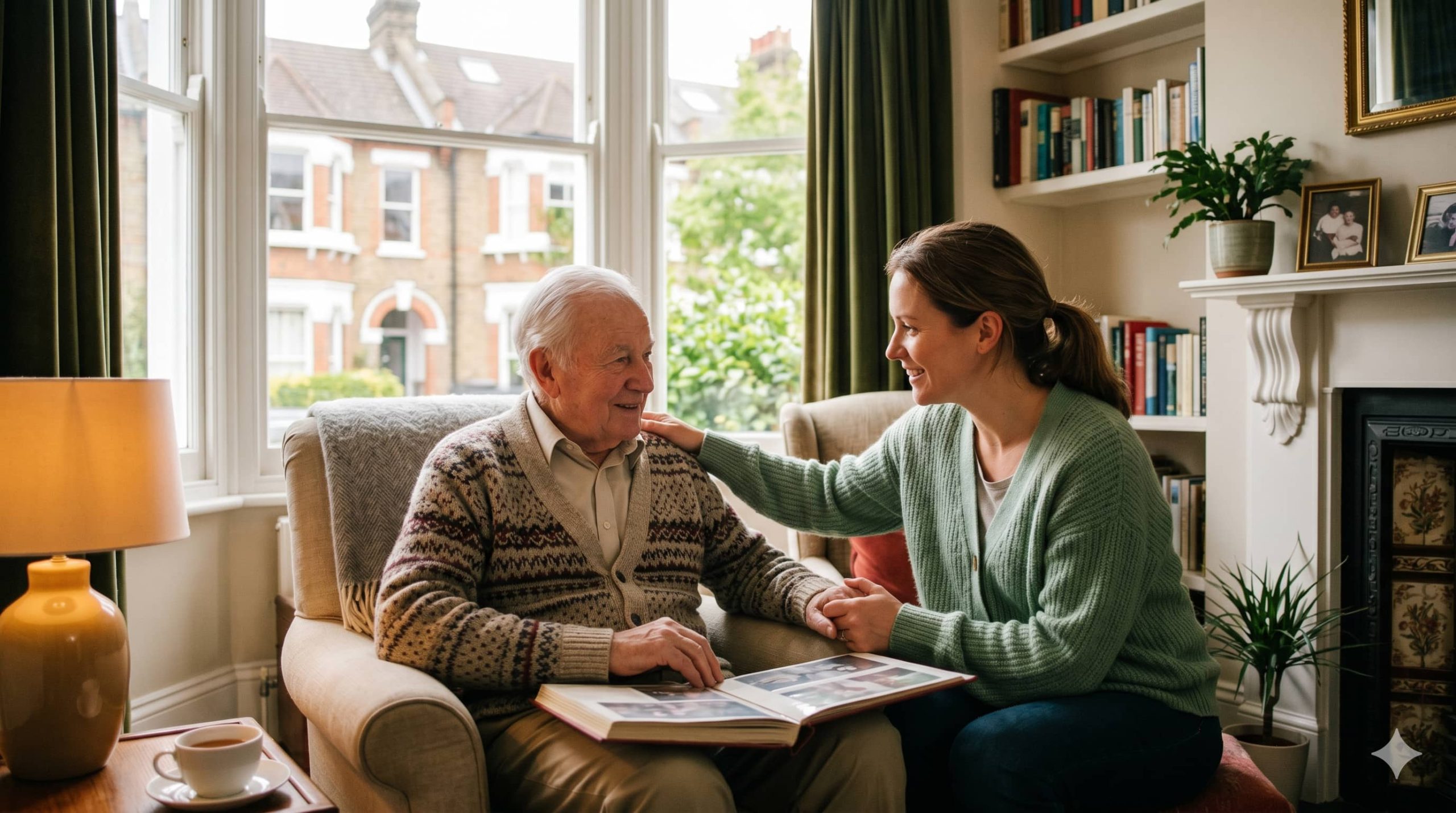 A caring in home carer sits next to an elderly gentleman showing the benefits on in home care