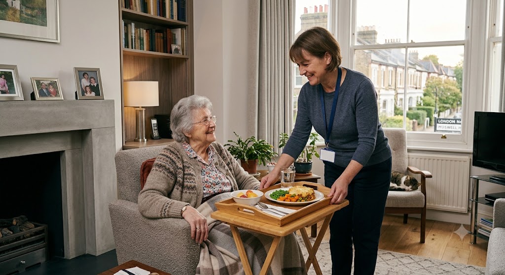 carer in north london giving patient food in living room
