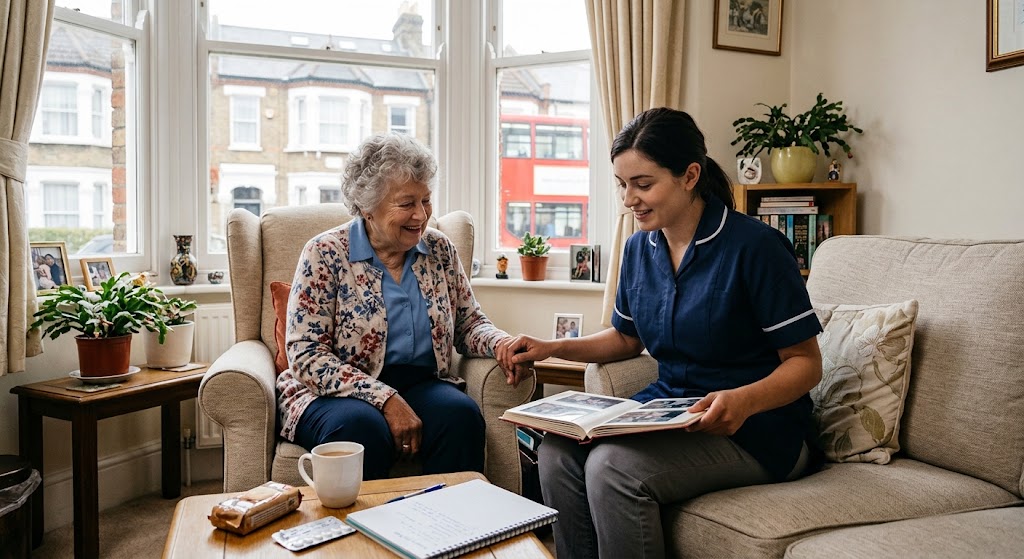 carer looking through photo album with elderly woman