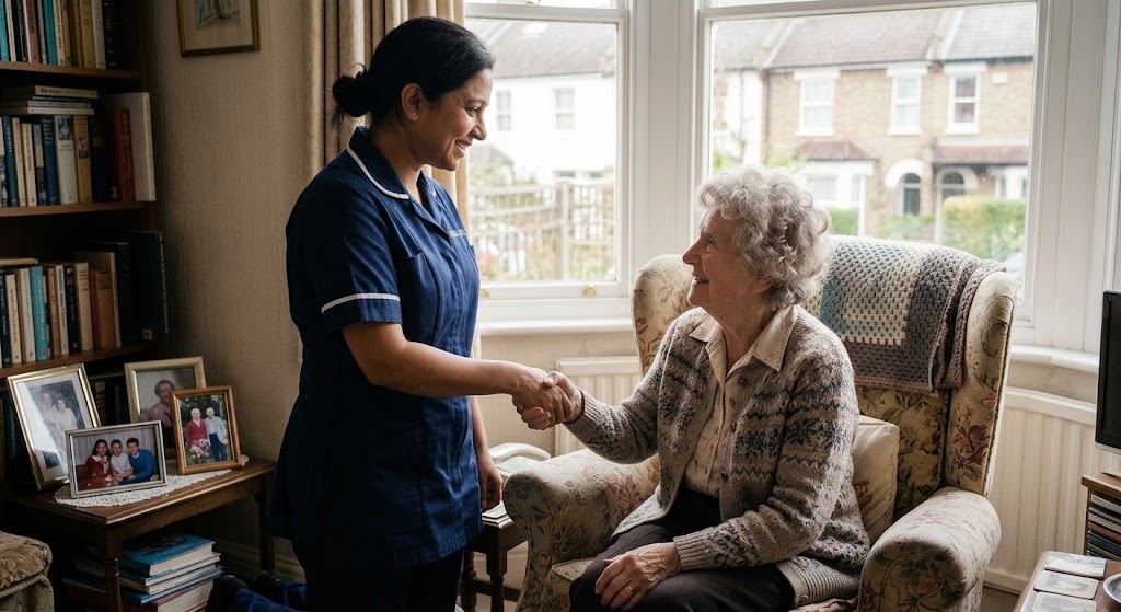 carer shaking hand with elderly lady sat in arm chair