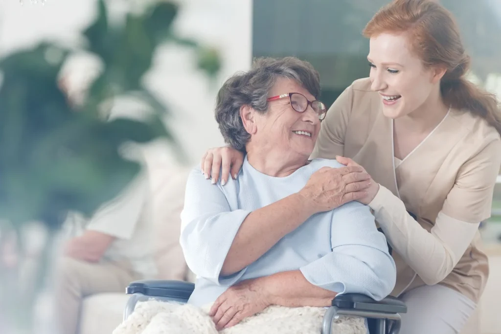 A Visiting Angels carer providing independent living support to an elderly woman in Oxford, Oxfordshire — compassionate, professional, CQC rated home care