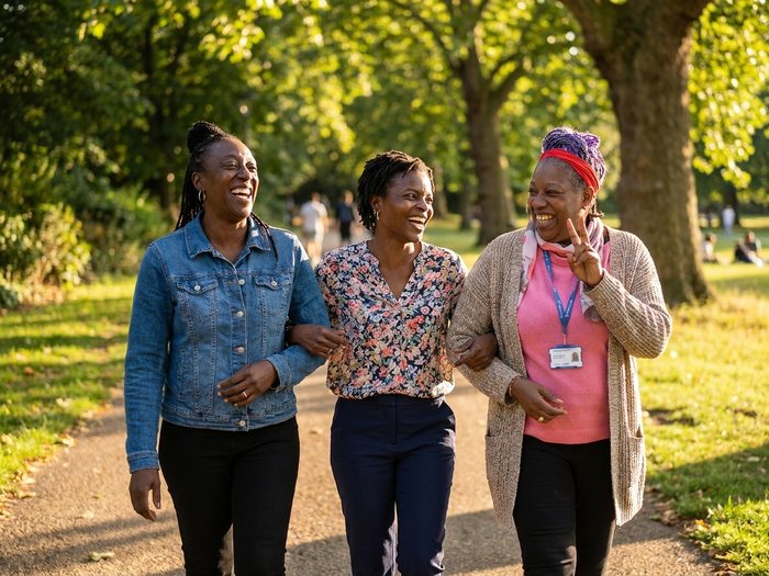 Team members walking and laughing outdoors